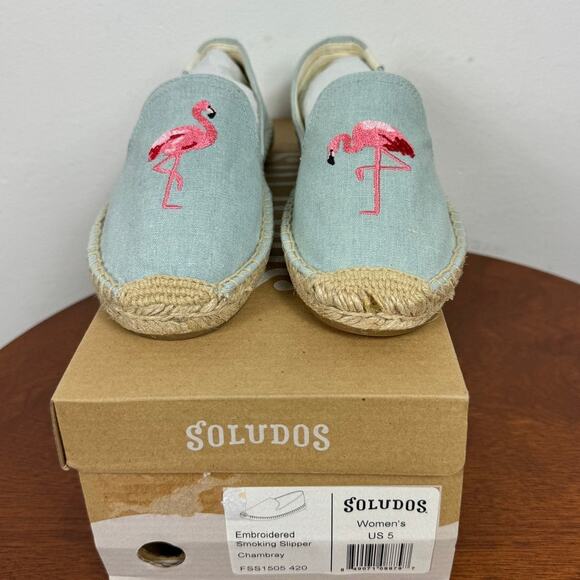 New Soludos Flamingo Embroidered Smoking Slipper in Chambray Women's Size 5 - Picture 2 of 6